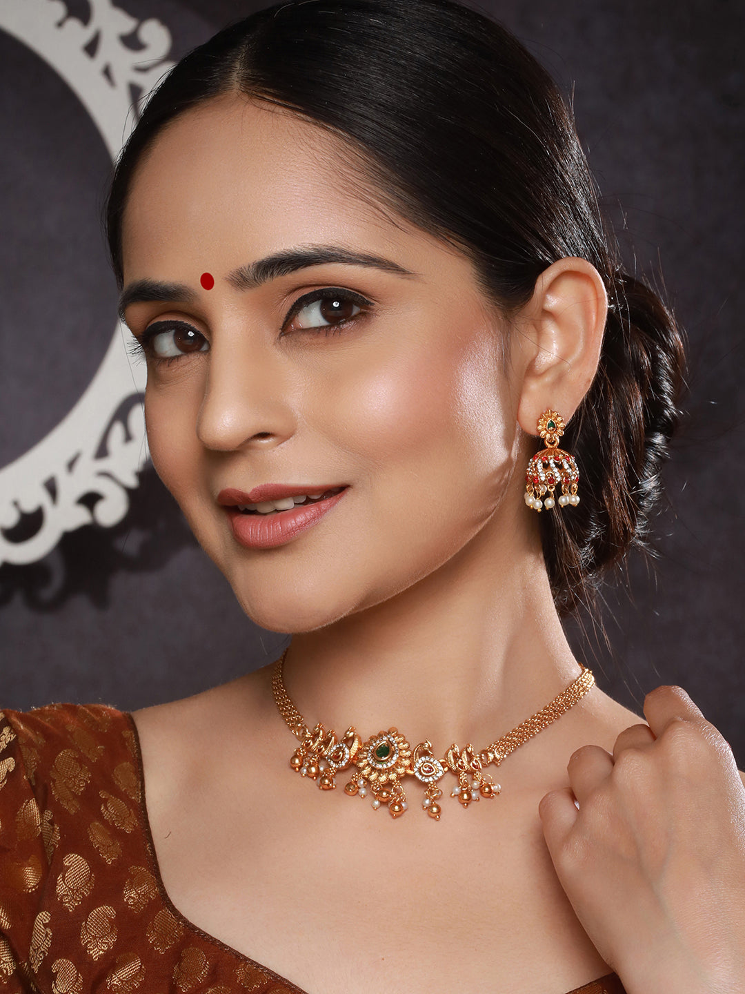 Gold Plated Green Kempo Studded Peacock Minimal Delicate Choker Jewellery Set